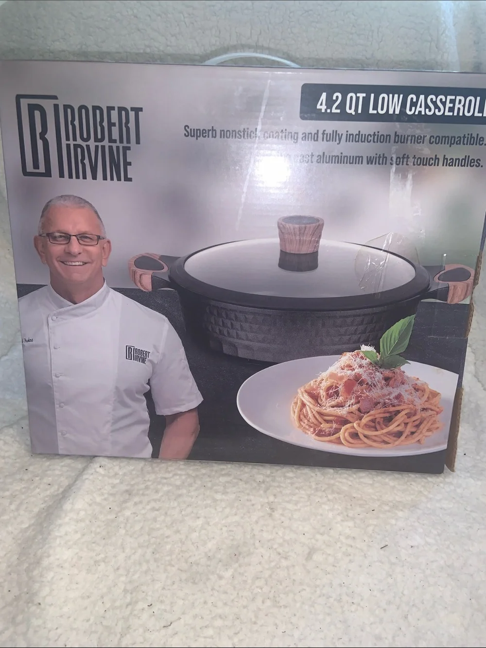 Robert Irvine Black Casserole with Wood-Tone Knob and Accents
